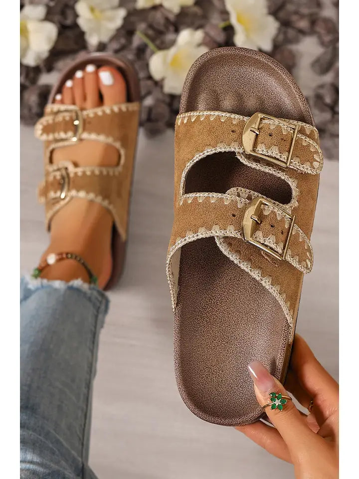 Embroidered Trim Retro Buckle Faux Suede Slippers