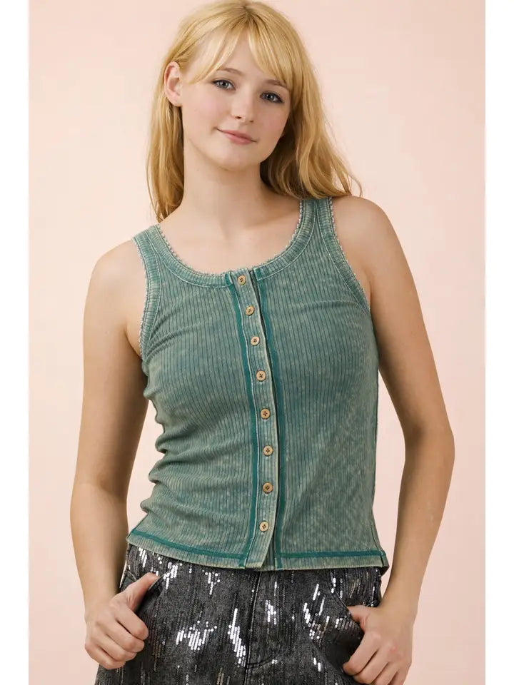 Mineral Washed Knit Tank Top w/ Lace Trim