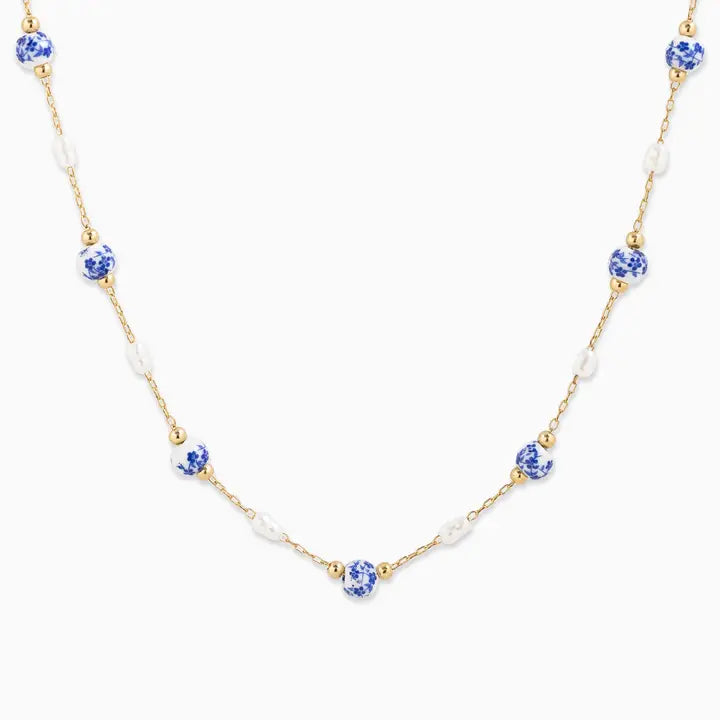 Blue and Pearl Bead Necklace