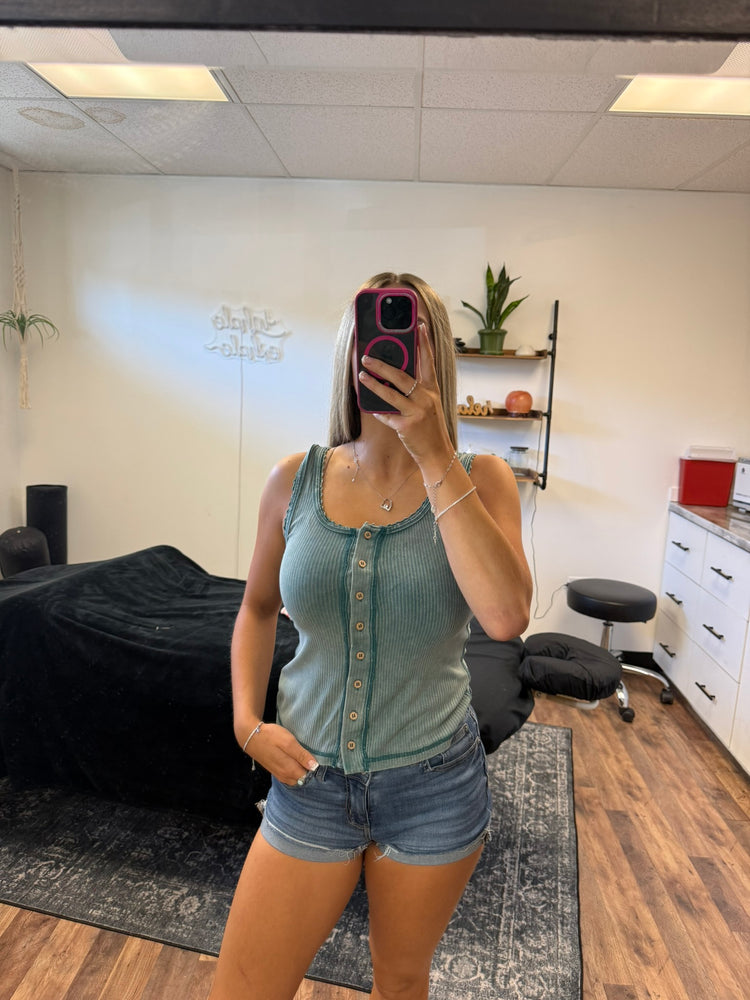 Mineral Washed Knit Tank Top w/ Lace Trim