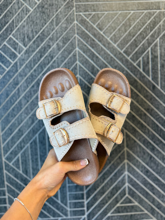 Embroidered Trim & Buckle Faux Suede Sandals