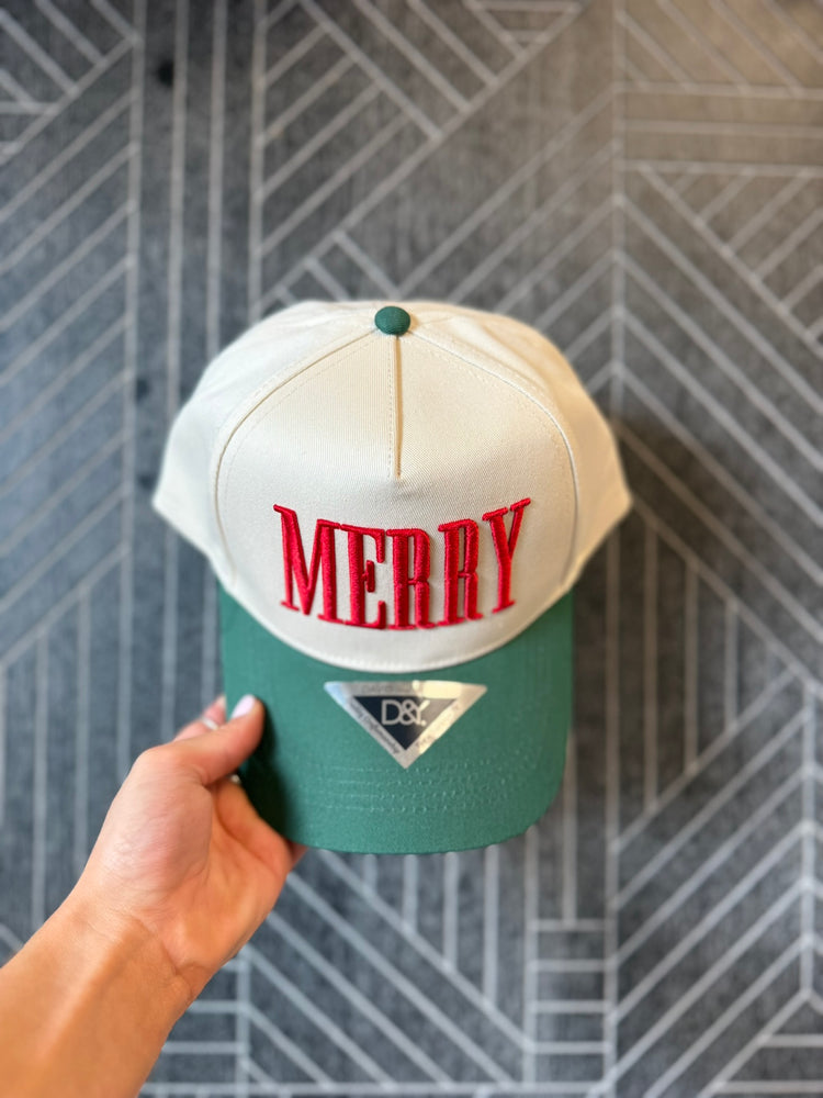 Two-tone Christmas baseball cap featuring raised 3D puff embroidery and an adjustable snapback closure.