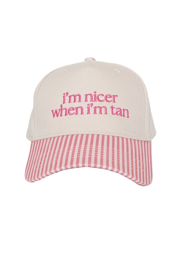 Embroidered Baseball Hats - I'm Nicer When I'm Tan Pink and White Stripes