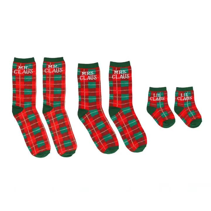 Matching family Christmas sock set with red and green plaid Mr. Claus, Mrs. Claus and Lil Claus socks