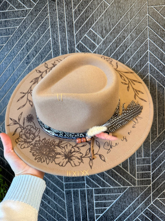 Burned Boho Western Felt Hat | Feather Detai