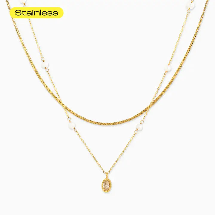 Stainless Steel Oval Pendant w/ Pearl Layered Necklace