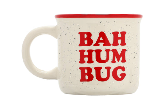 Pearhead Bah Hum Bug Christmas coffee mug in speckled white ceramic with red rim and red lettering, 15 oz.