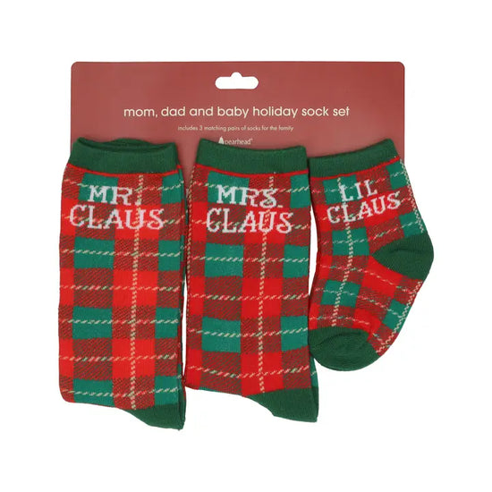 Matching family Christmas sock set with red and green plaid Mr. Claus, Mrs. Claus and Lil Claus socks