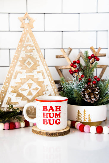 Funny Bah Hum Bug holiday ceramic mug for Christmas coffee, hot cocoa, and seasonal gifting.